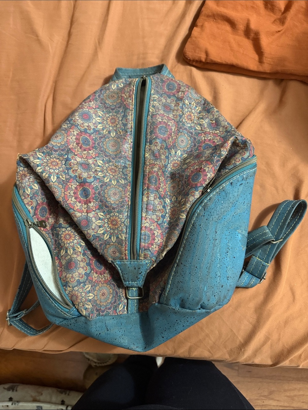 Boho Floral Print Teal Faux Leather Backpack